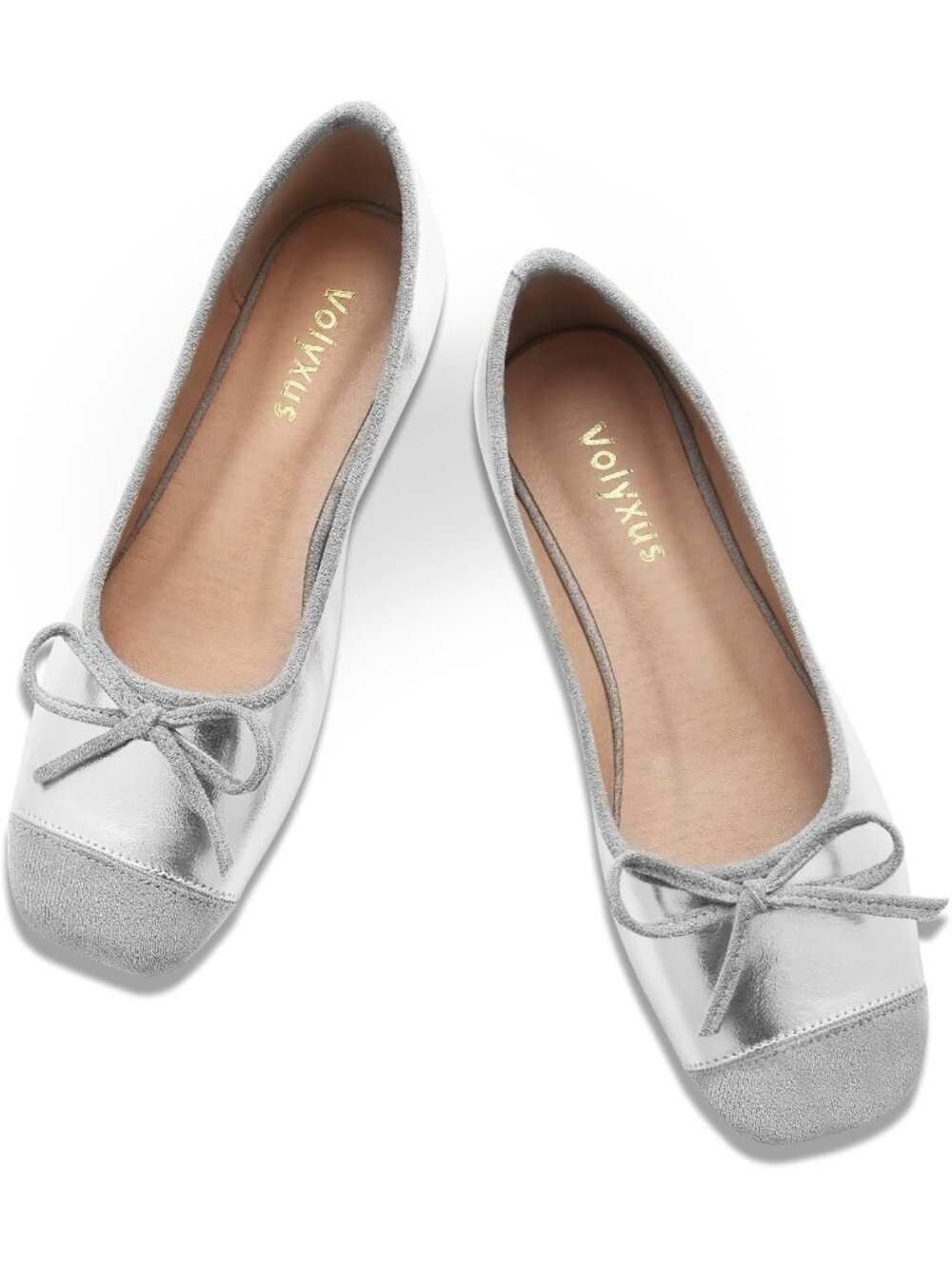 Women's Silver Two Tone Cap Toe Ballet Flats Bow Square Toe Slip On Shoes